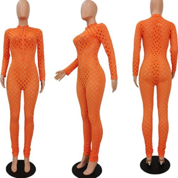 Half Heart Pants - Womens Fishnet Jumpsuit Size XS / S Orange Juicy Lavish Lush Cosplay Halloween